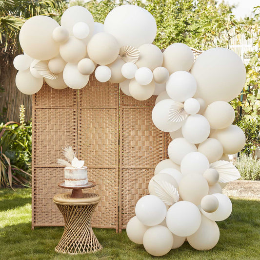 nude white balloon arch with paper fans party decor Australia
