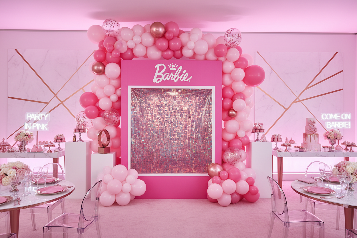 Barbie theme party set up, modern style, include a life-size barbie box for photos