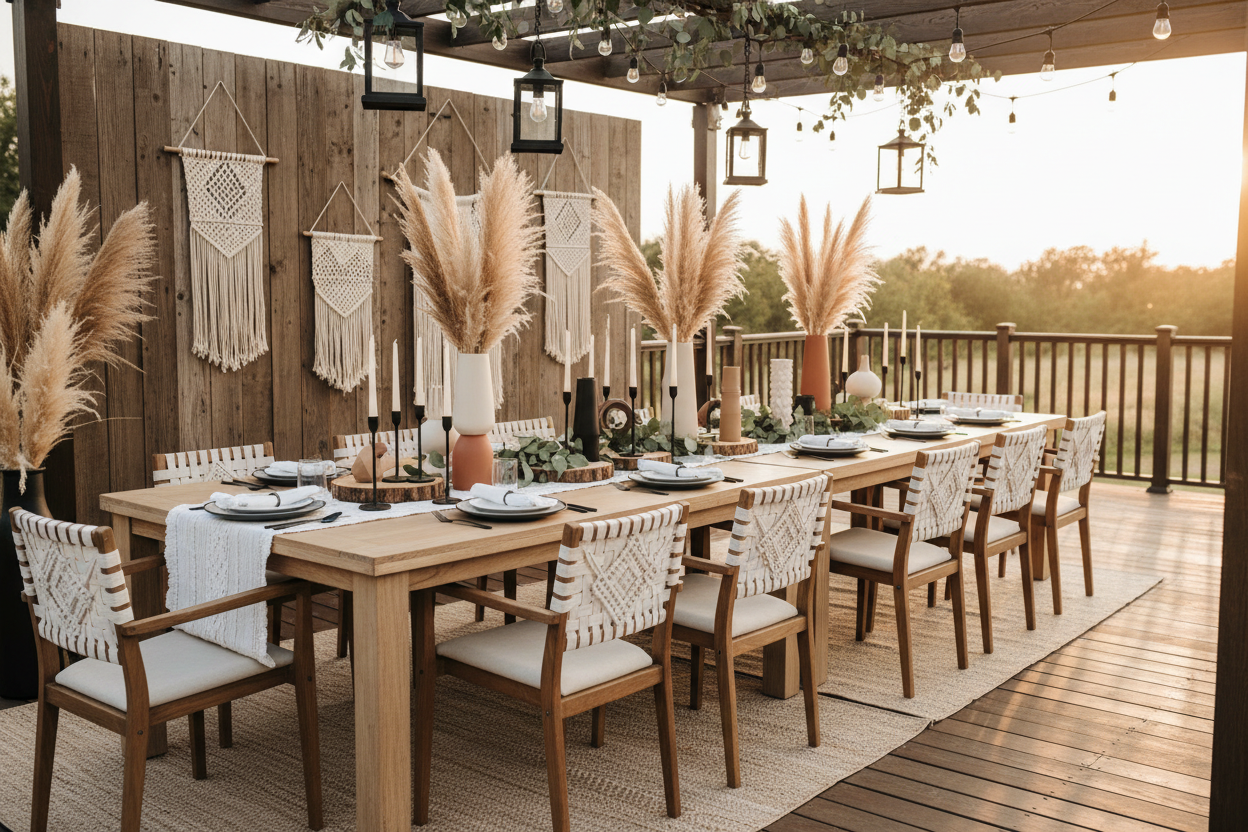boho/wood/rustic theme party setup - make it modern styled