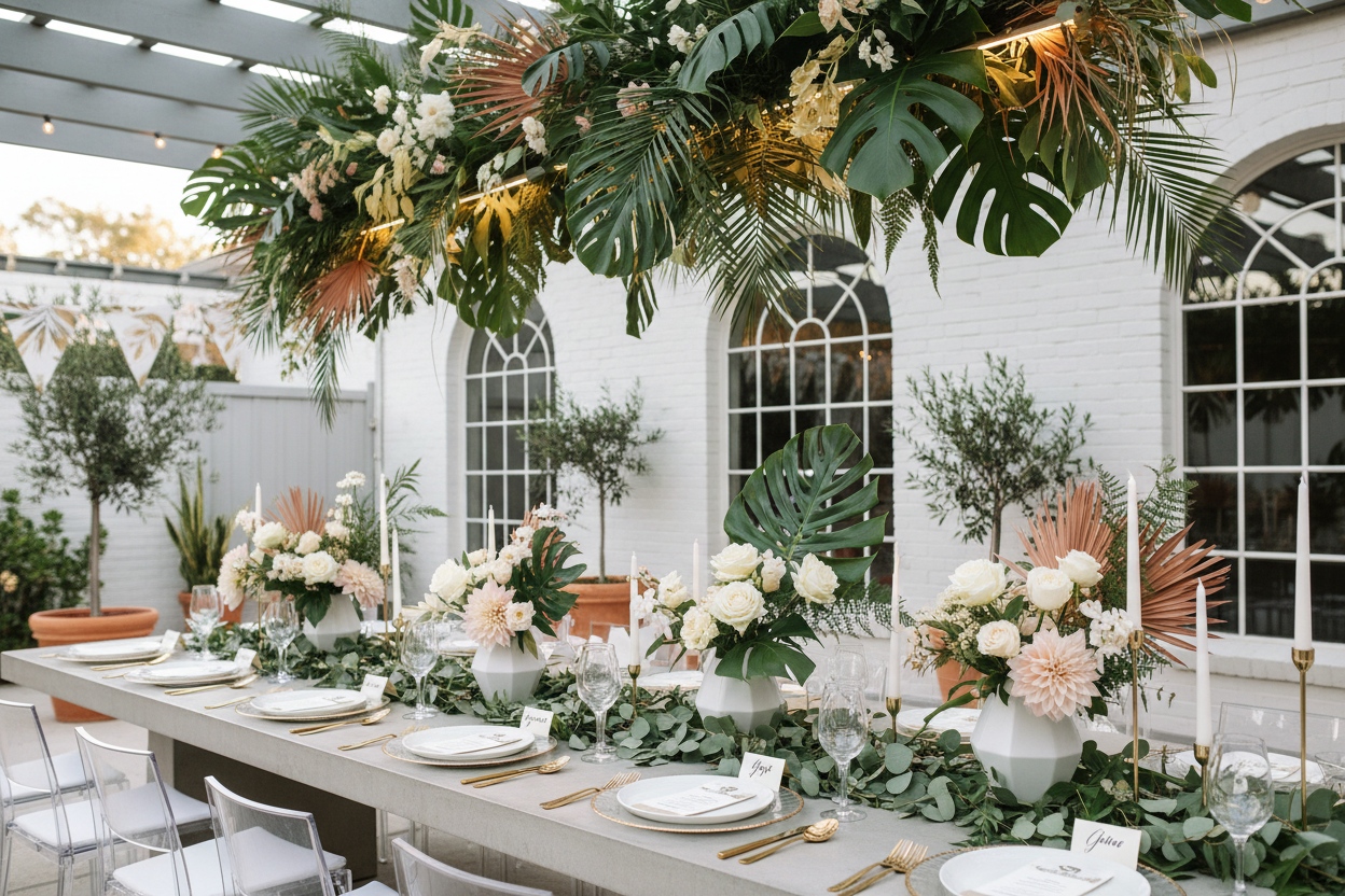 botanicals floral theme party set up - make it modern styled
