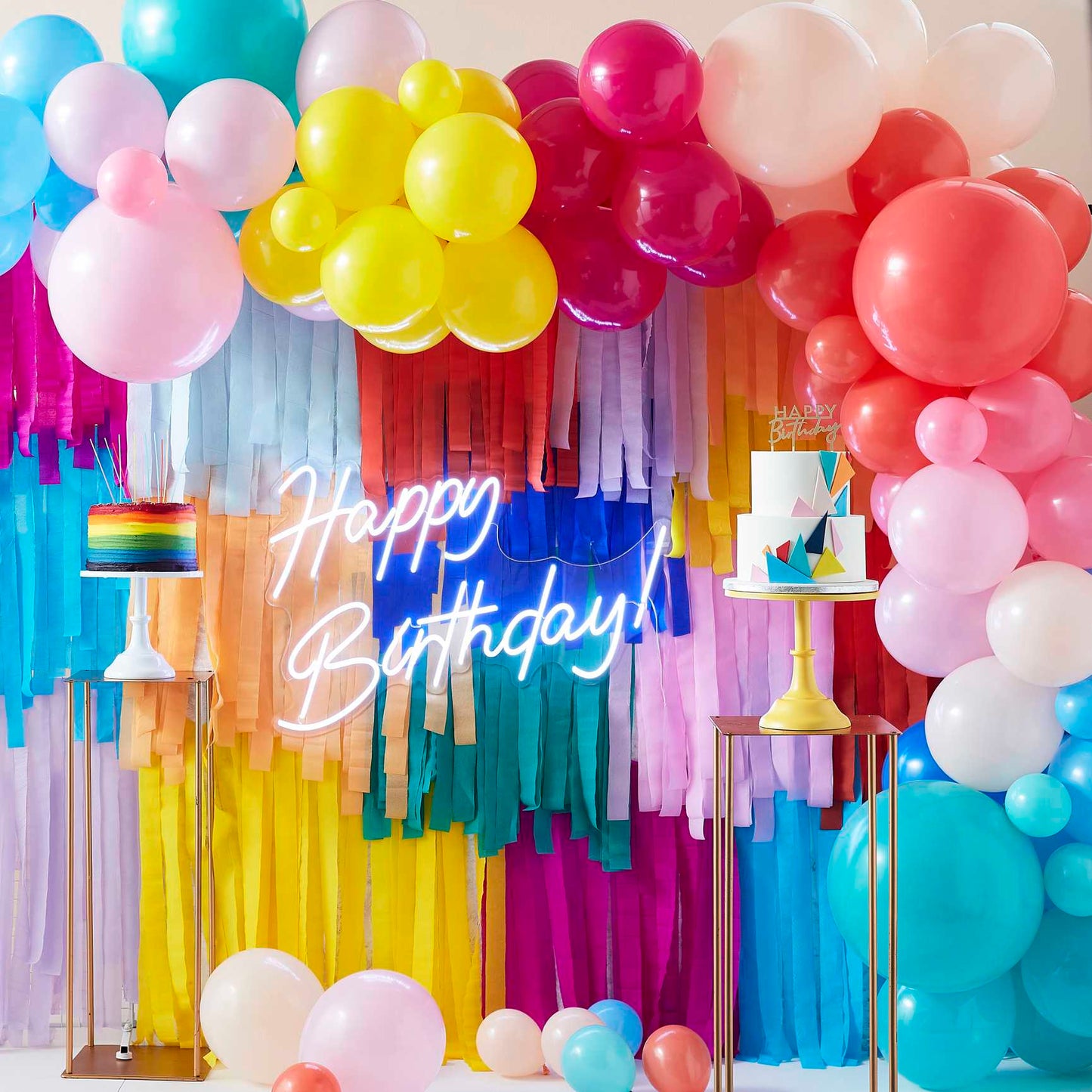 Bright Colourful Rainbow Balloon & STreamer Backdrop garland Kit - balloon garlands and arches from Party & Pout Australia