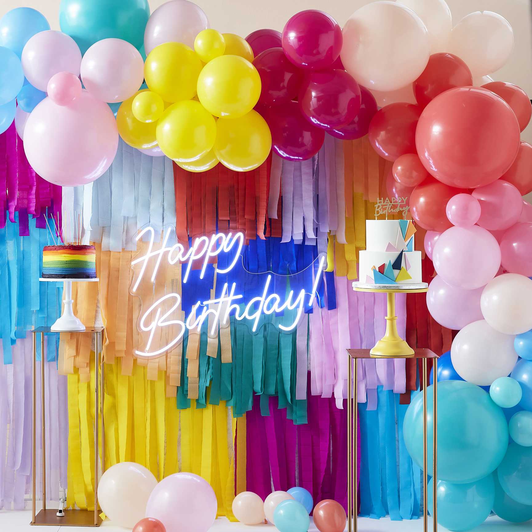 Bright Colourful Rainbow Balloon & STreamer Backdrop garland Kit - balloon garlands and arches from Party & Pout Australia