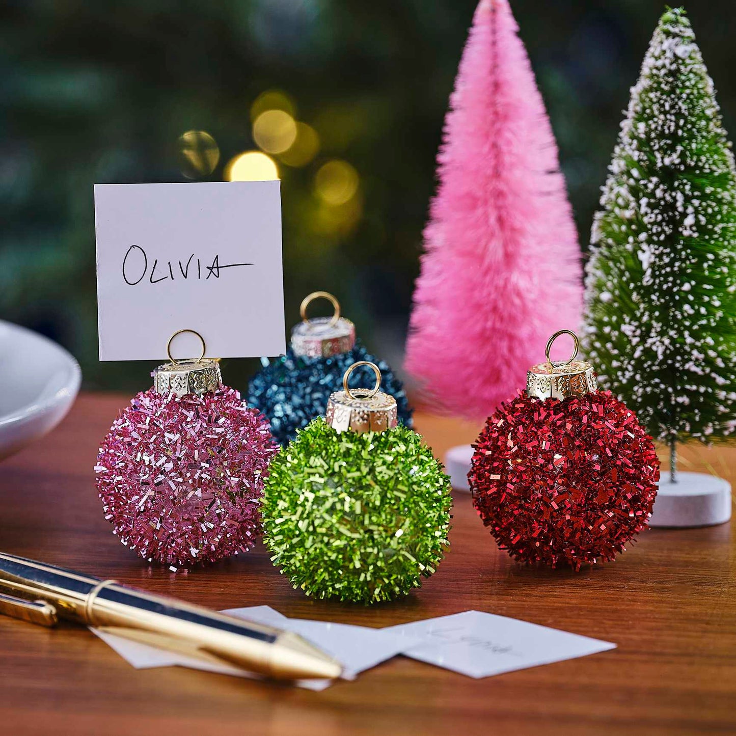 Bright Christmas Tinsel Bauble Name Place Card Holders - Christmas party decorations and tableware from Party & Pout Austr...