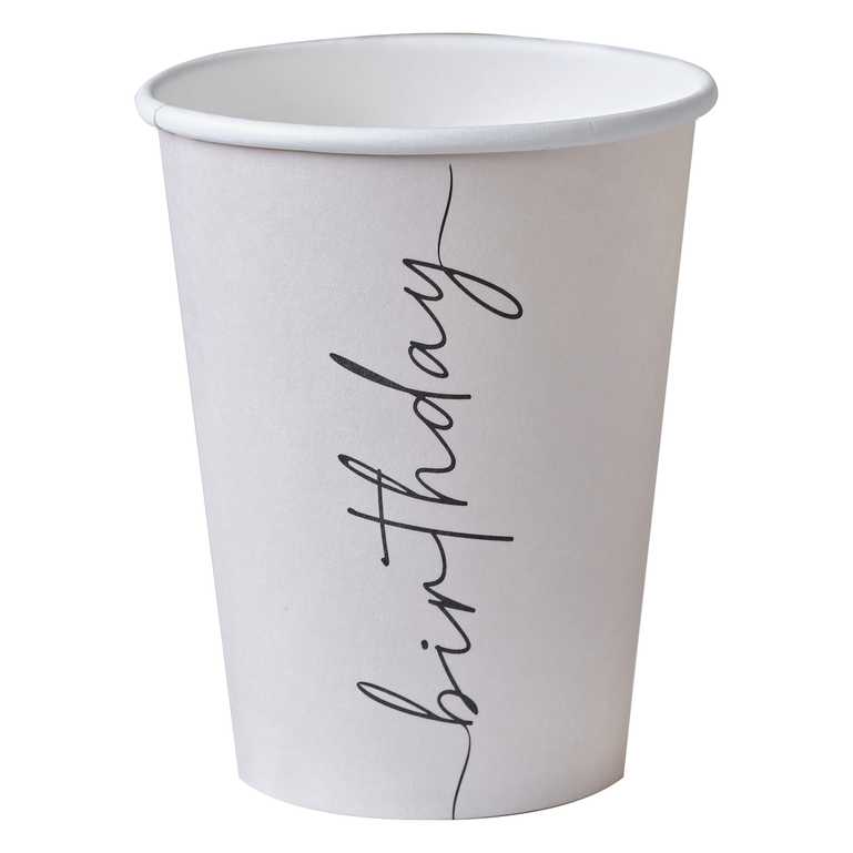 Stylish birthday paper cups nude background black text party supplies