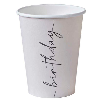 Stylish birthday paper cups nude background black text party supplies
