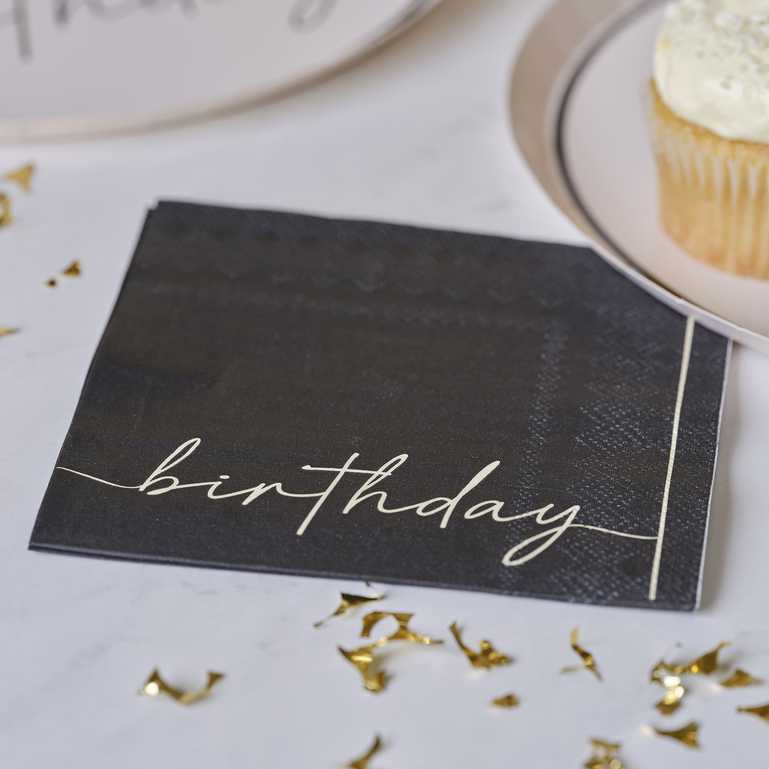 Disposable birthday cocktail napkins black text nude background Australia