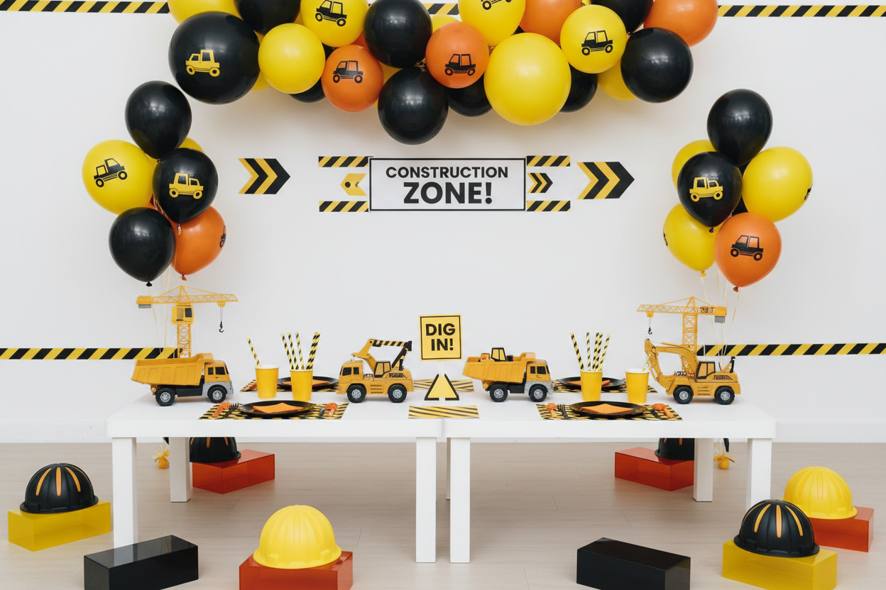 construction themed kids birthday party decorations, modern styled