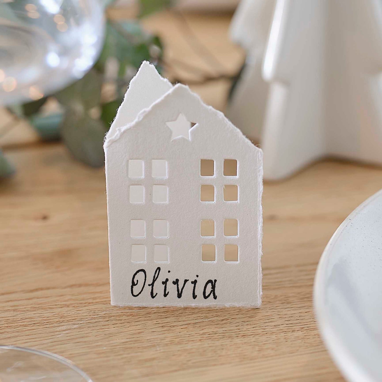 Eco-Friendly White Christmas House Name Place Cards - Christmas party decorations and tableware from Party & Pout Australia