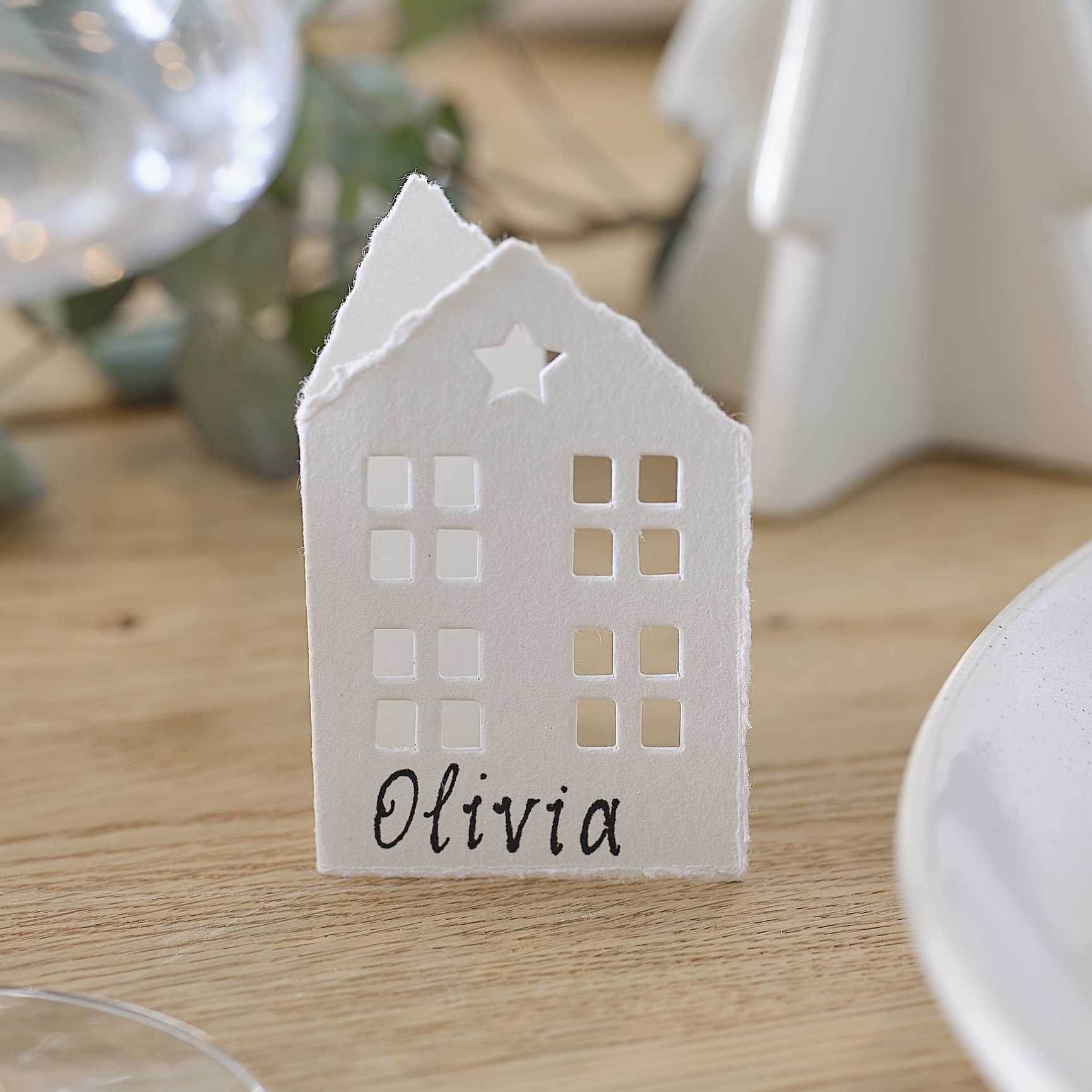 Eco-Friendly White Christmas House Name Place Cards - Christmas party decorations and tableware from Party & Pout Australia