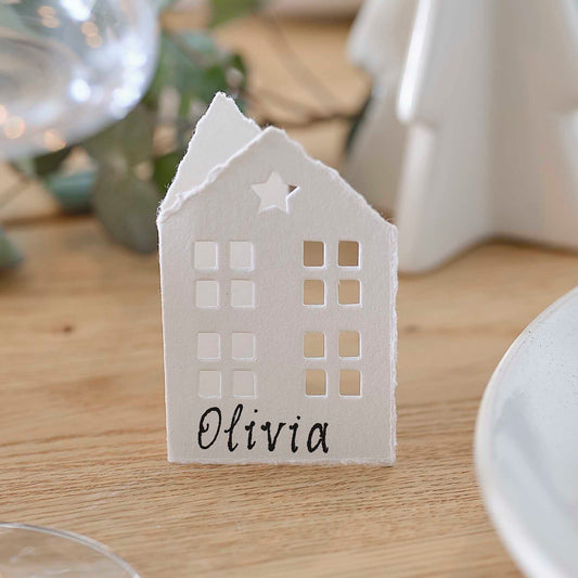 Eco-Friendly White Christmas House Name Place Cards - Christmas party decorations and tableware from Party & Pout Australia
