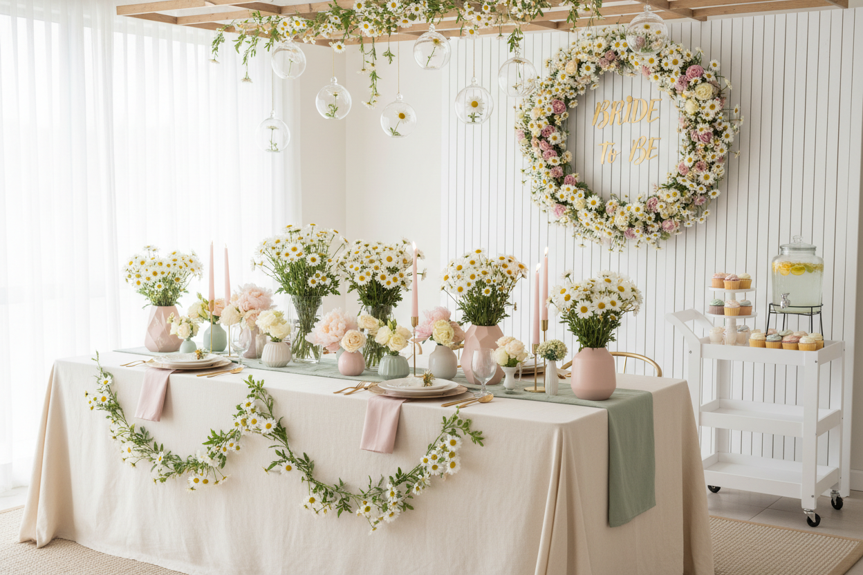 flowers/floral/spring/daisy flower theme party bridal shower decorations set up, modern styled