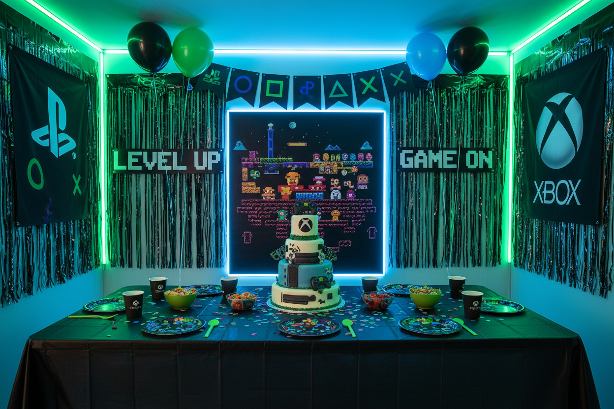 Gamer/xbox/playstation theme teenage birthday party decorations