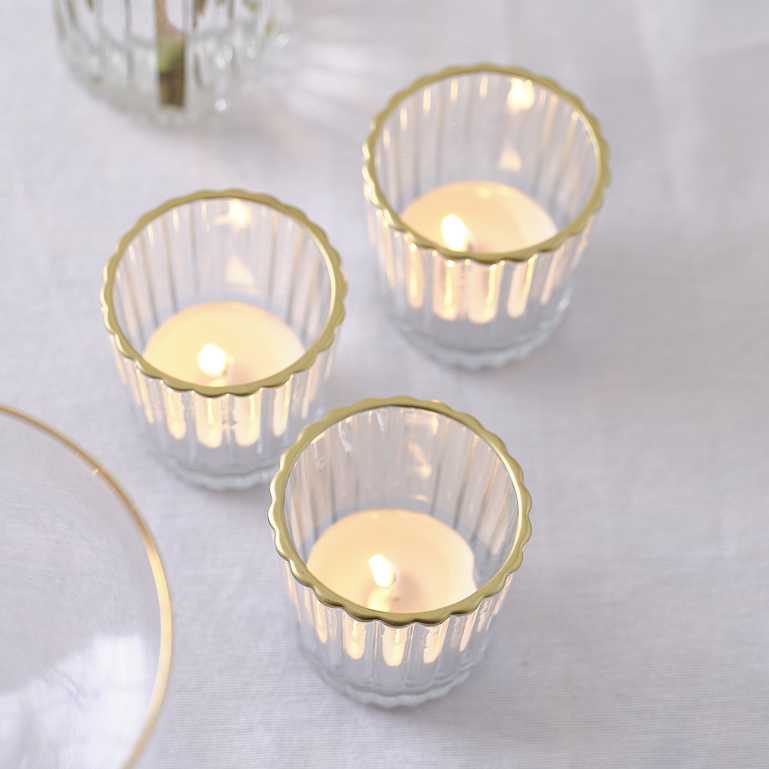 clear ribbed glass tealight holders set of 3 gold rim
