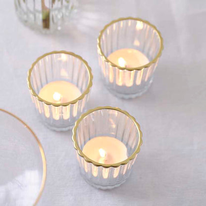 clear ribbed glass tealight holders set of 3 gold rim
