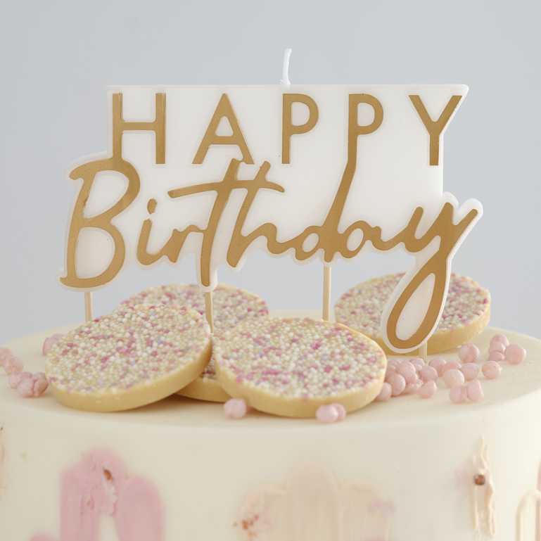 Happy Birthday candle gold white decorative cake topper