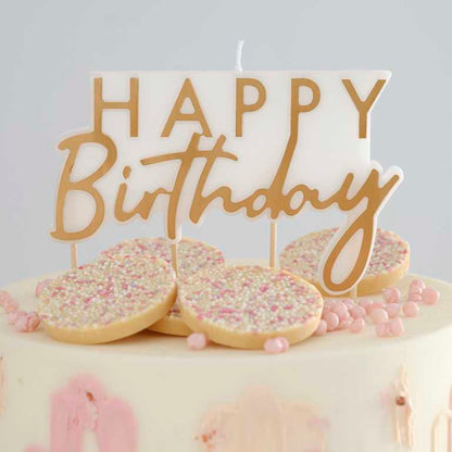 Happy Birthday candle gold white decorative cake topper