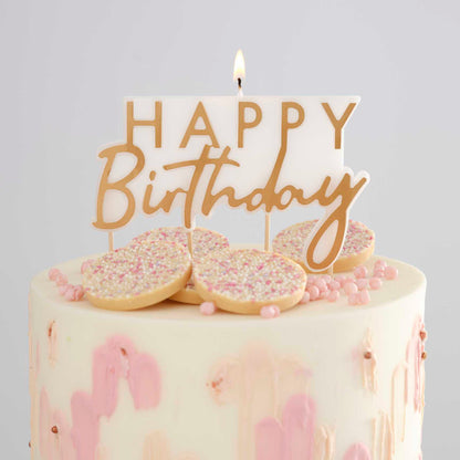 gold and white happy birthday cake candle