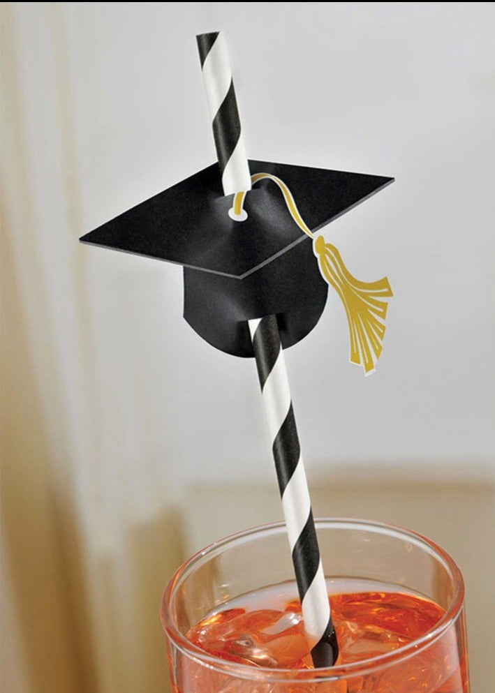 Black Graduation Hat Paper Party Straws Pk 12 - party supplies and decorations from Party & Pout Australia