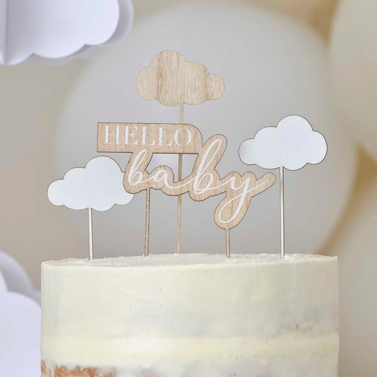 Wooden Hello Baby cloud cake topper baby shower decoration