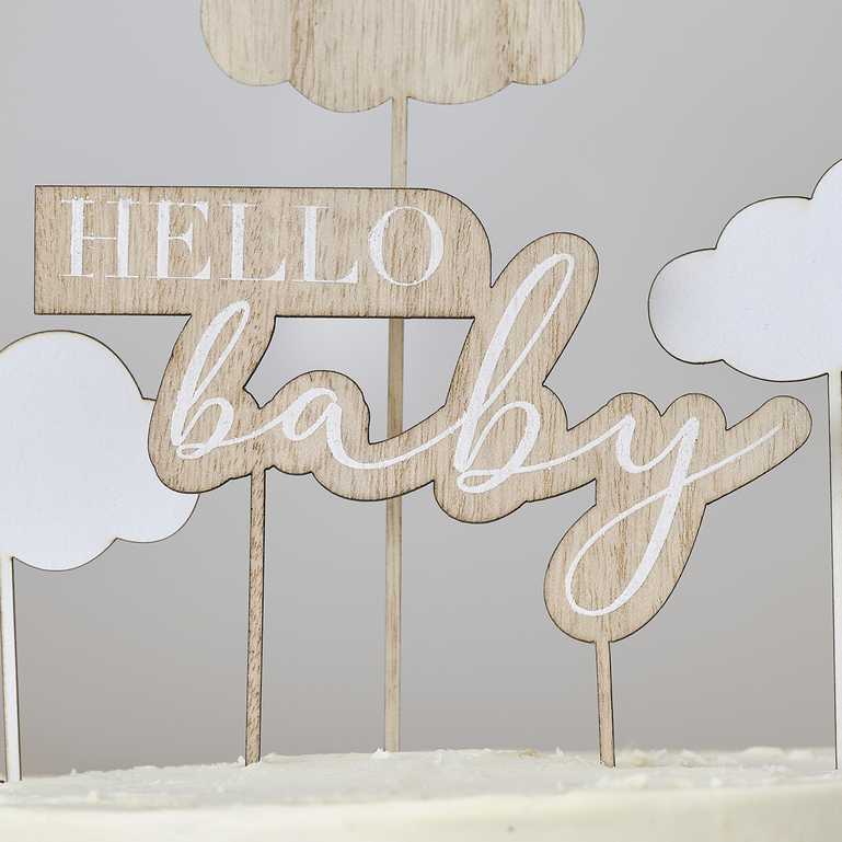Neutral wooden baby shower cake topper clouds design Australia