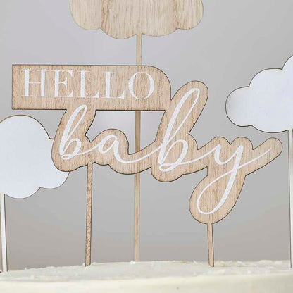 Neutral wooden baby shower cake topper clouds design Australia