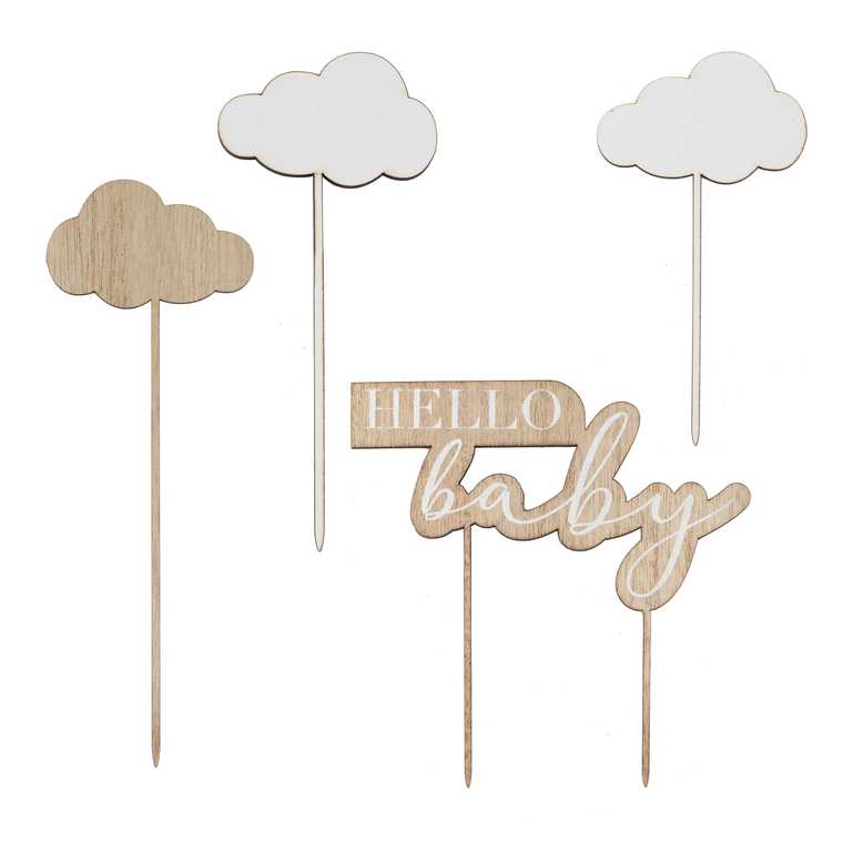 Baby shower cake decoration wooden topper Hello Baby clouds