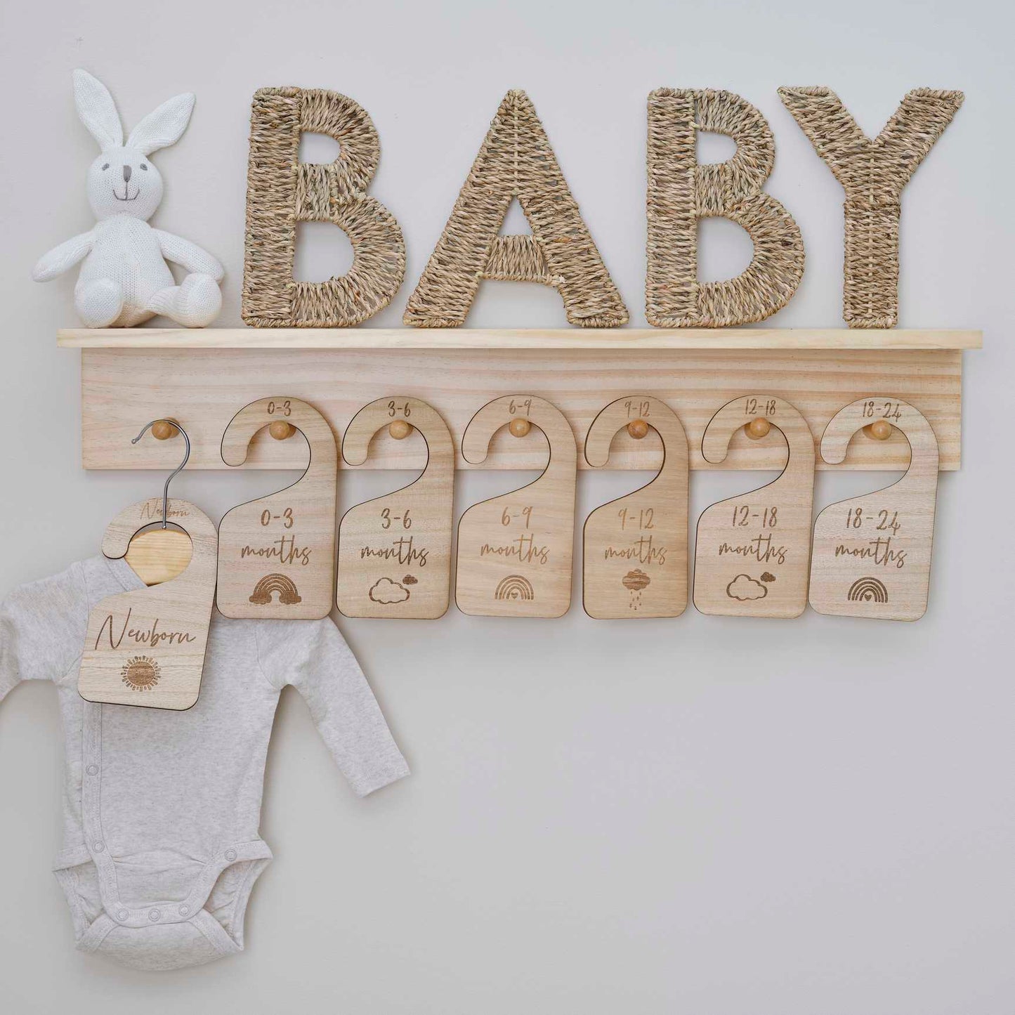 Wooden baby size hanger decorations pack of 7 baby shower display
