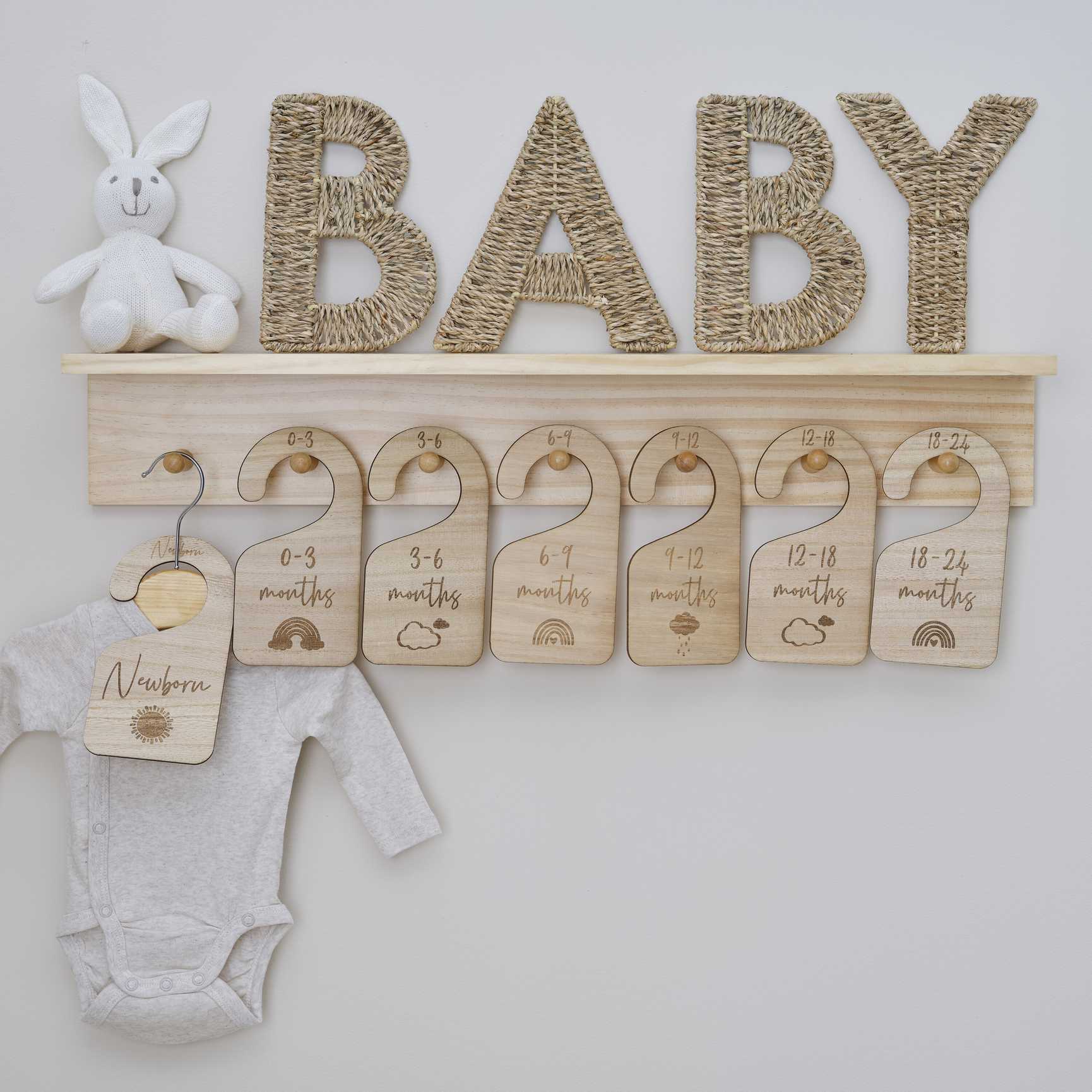 Wooden baby size hanger decorations pack of 7 baby shower display
