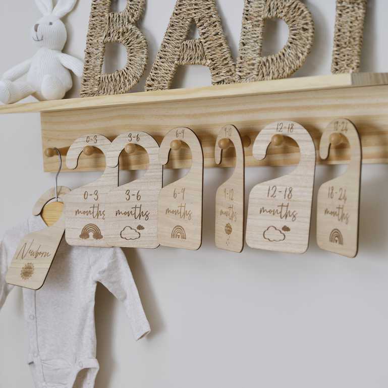 Baby clothing size markers wooden hangers newborn to 24 months