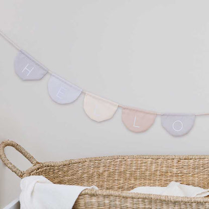 Neutral “Hello Baby” bunting decoration for baby shower nursery décor