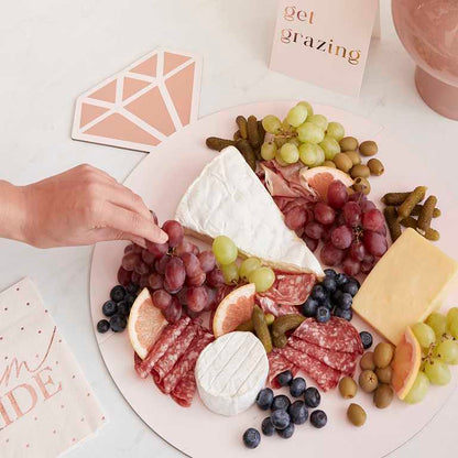 ring shaped grazing board rose gold and pink cheese fruit platter bridal shower backdrop