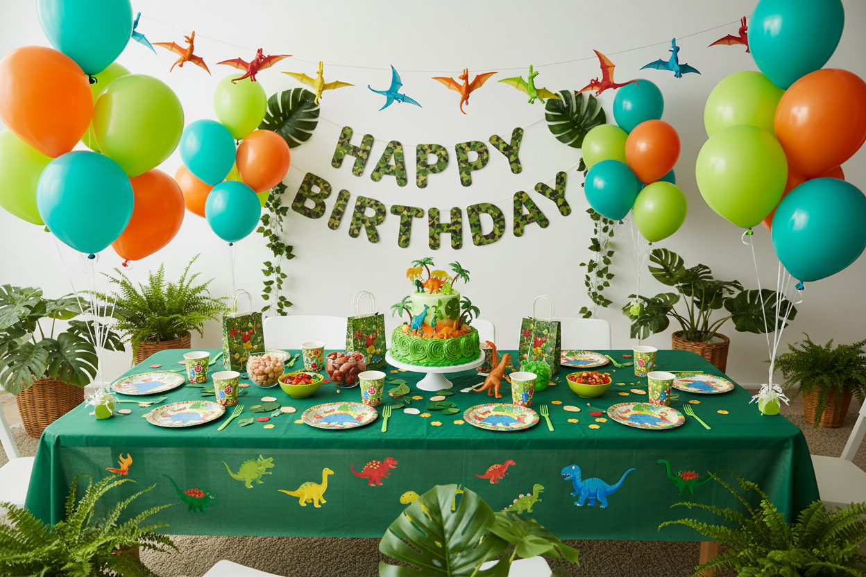 kids dinosaur themed birthday party setup