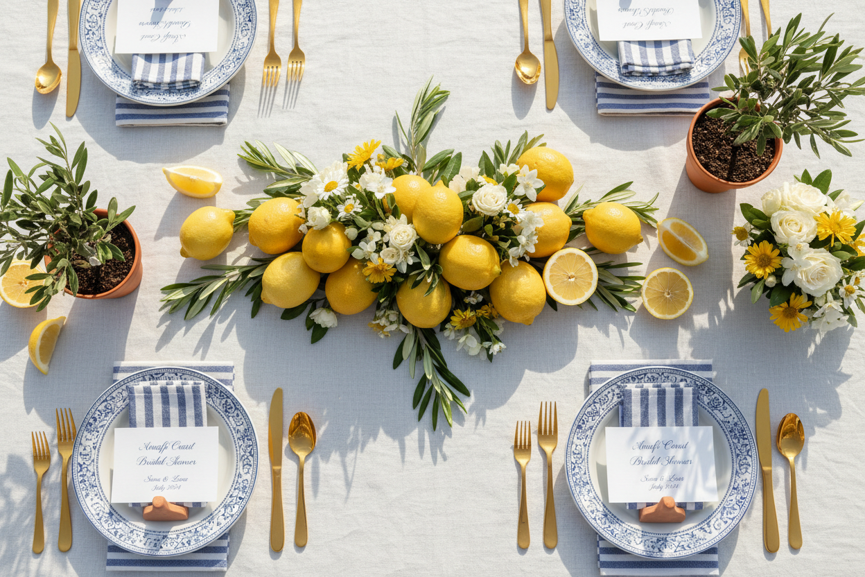 mediterranean/summer in italy theme bridal shower party - flat lay table decorations include lemons
