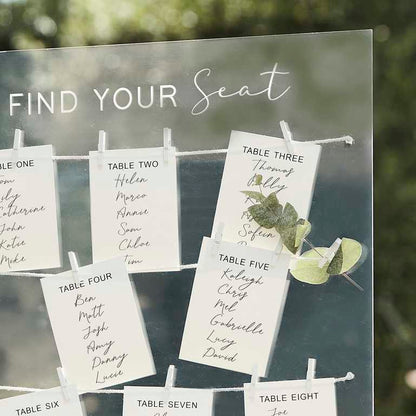 clear acrylic seating plan with wooden stand wedding reception décor elegant table chart