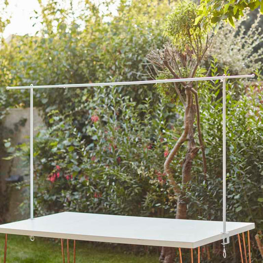 white metal table clamp over table display frame for parties weddings australia