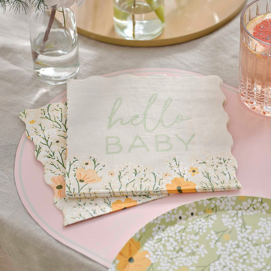 Pastel Hello Baby Floral Flower Paper Party Napkins - party napkins and serviettes from Party & Pout Australia