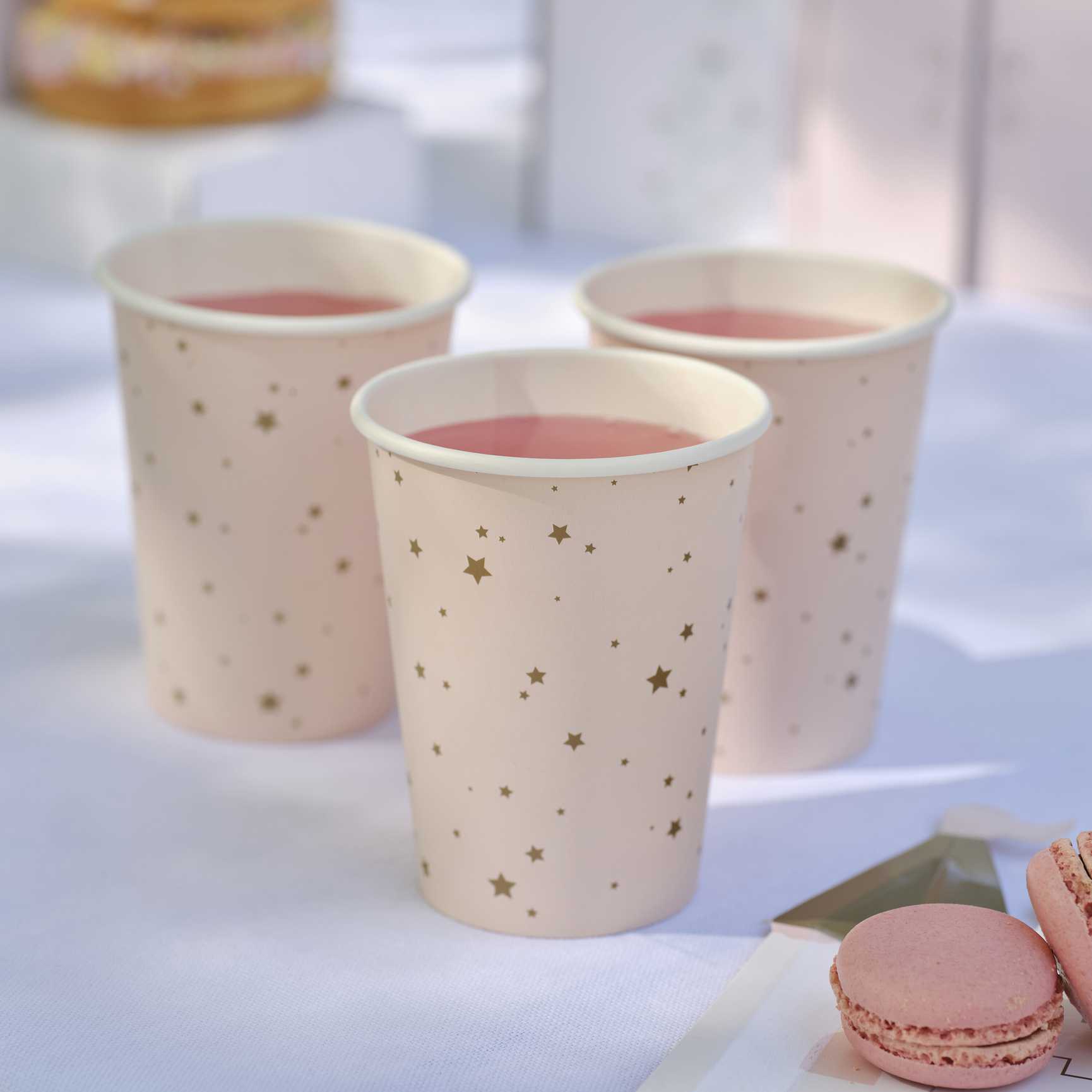 Disposable paper party cups pink and gold stars celebration supplies