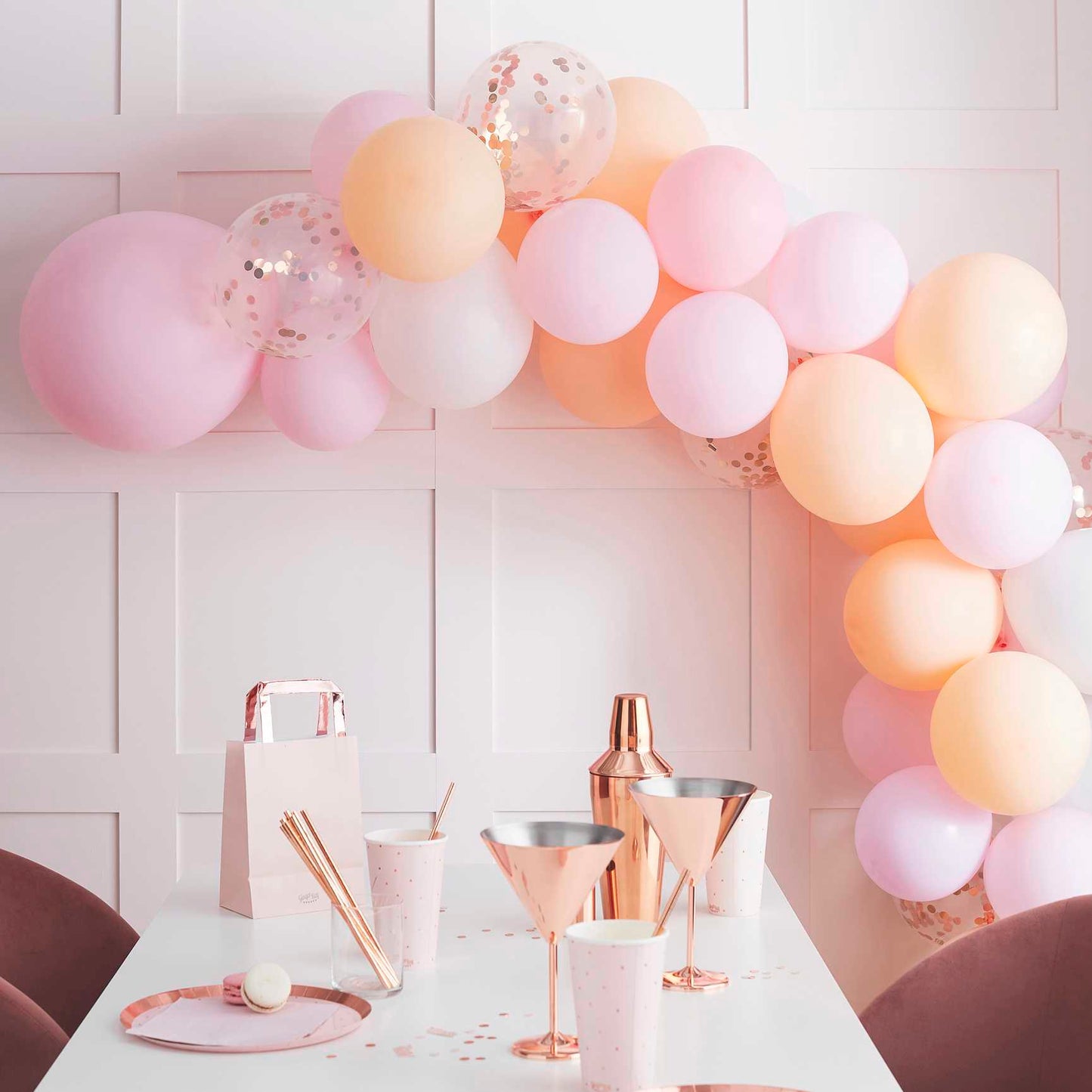 matte peach and pink balloon arch garland party backdrop