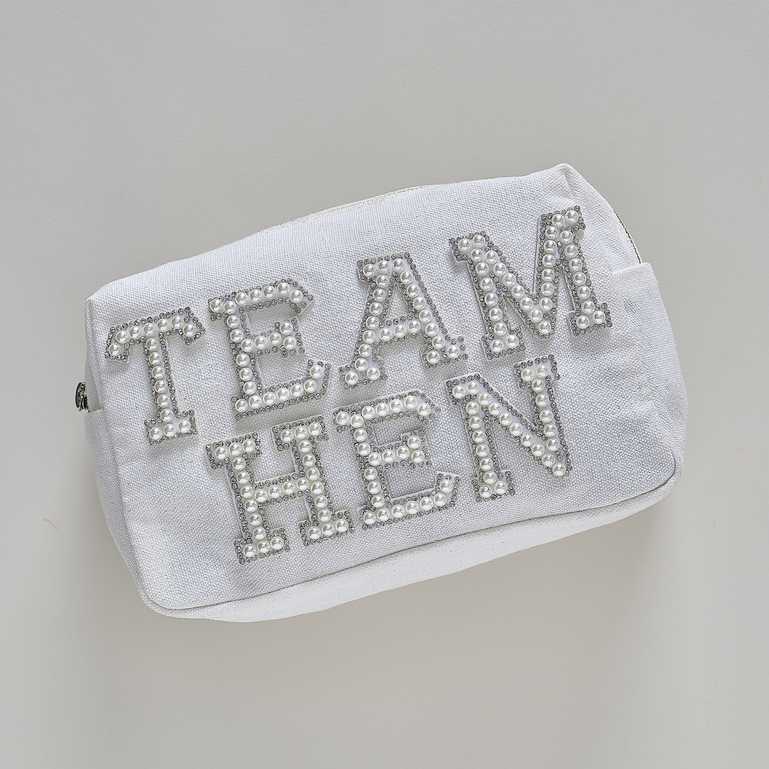 elegant bridal party cosmetic bag with pearl details