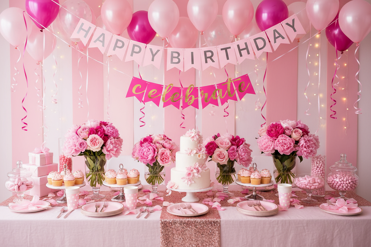 Pink theme party set up