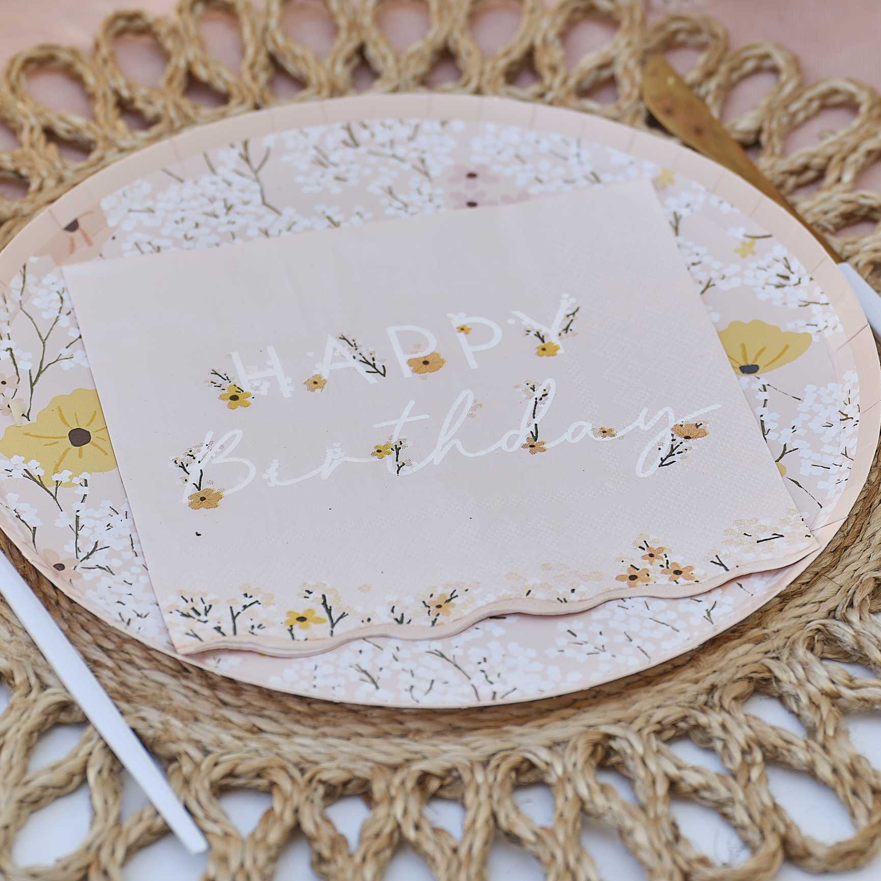 Pink Floral Theme Happy Birthday Paper Party Napkin Serviettes - party napkins and serviettes from Party & Pout Australia