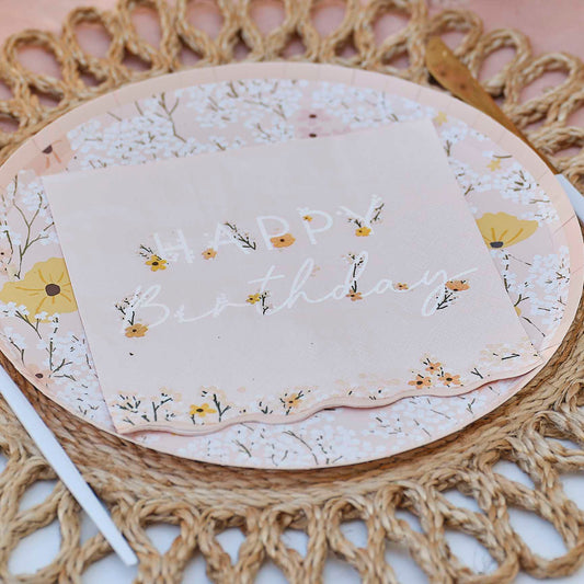 Pink Floral Theme Happy Birthday Paper Party Napkin Serviettes - party napkins and serviettes from Party & Pout Australia