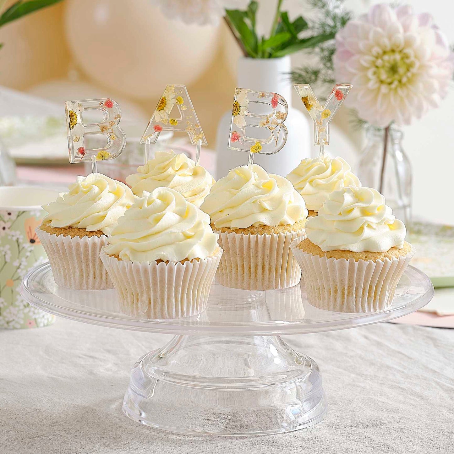 Pressed Flower BABY Letters Cupcake Cake Topper - party cups and drinkware from Party & Pout Australia
