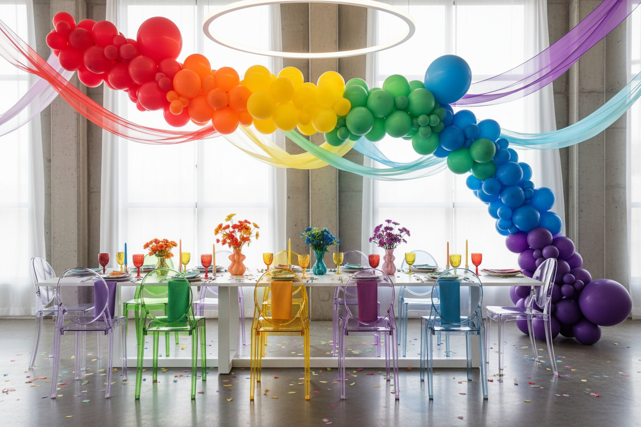 rainbow theme party setup at a nice venue with a balloon garland and modern styling, make sure it has the typical rainbow colours ROYGBIV