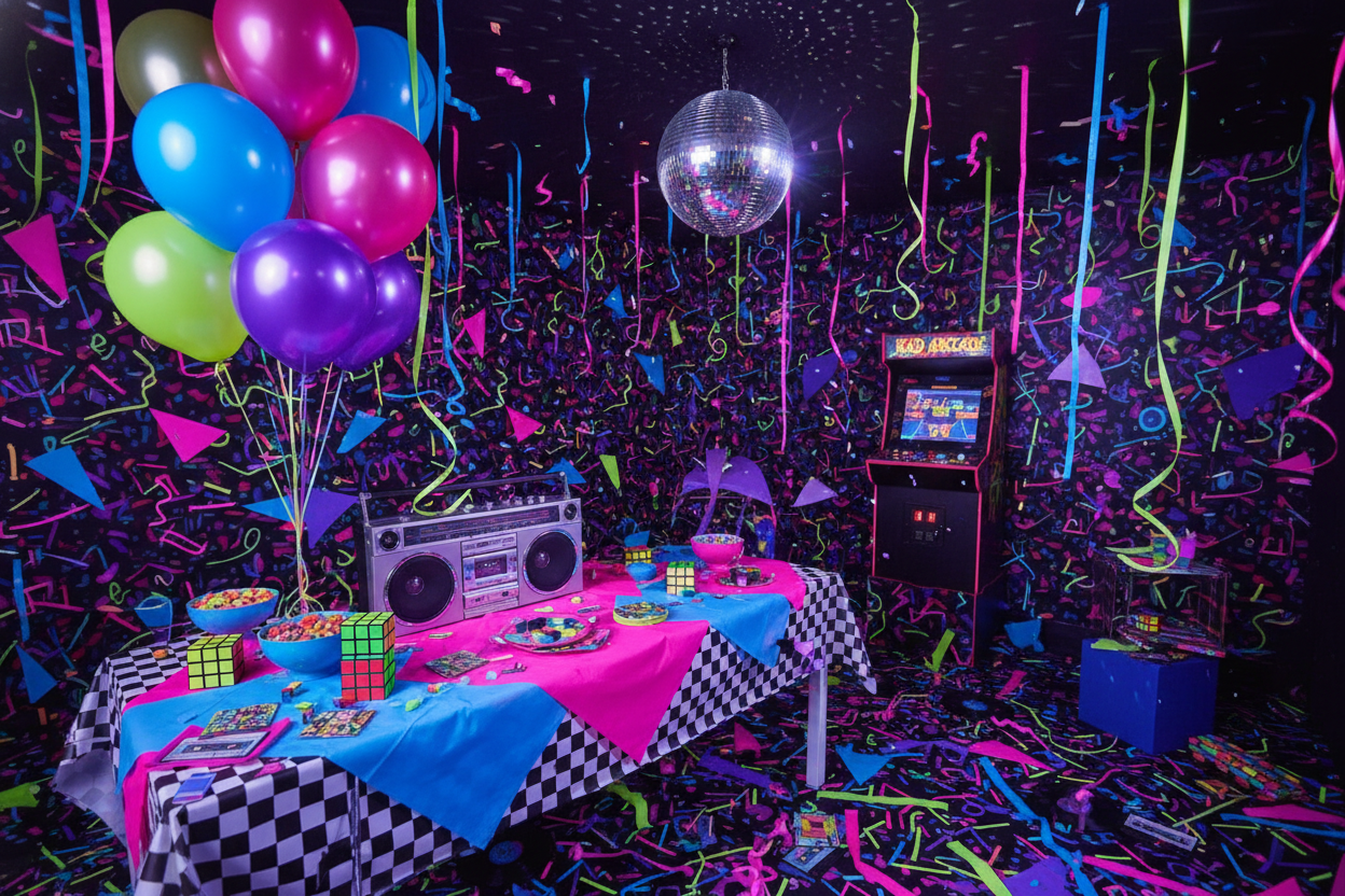 retro 80's theme party setup