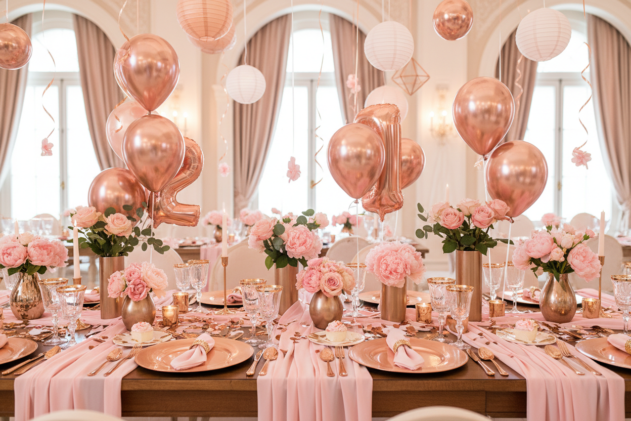 Rose gold and light pink theme party setup