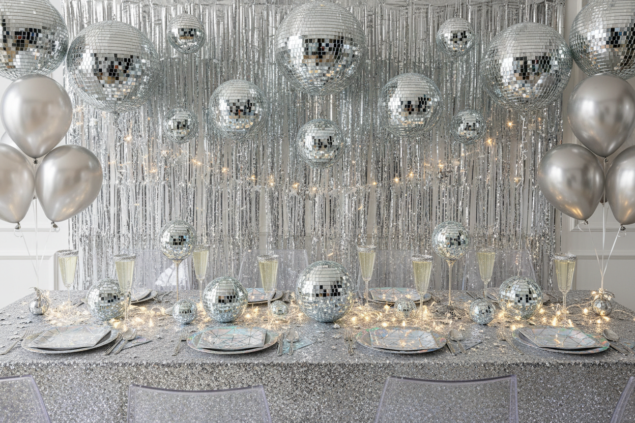 silver glittery and sparkly disco theme hens party set up