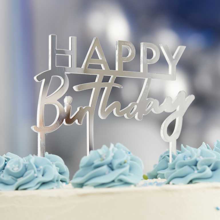 Happy Birthday cake topper silver acrylic birthday supplies Australia