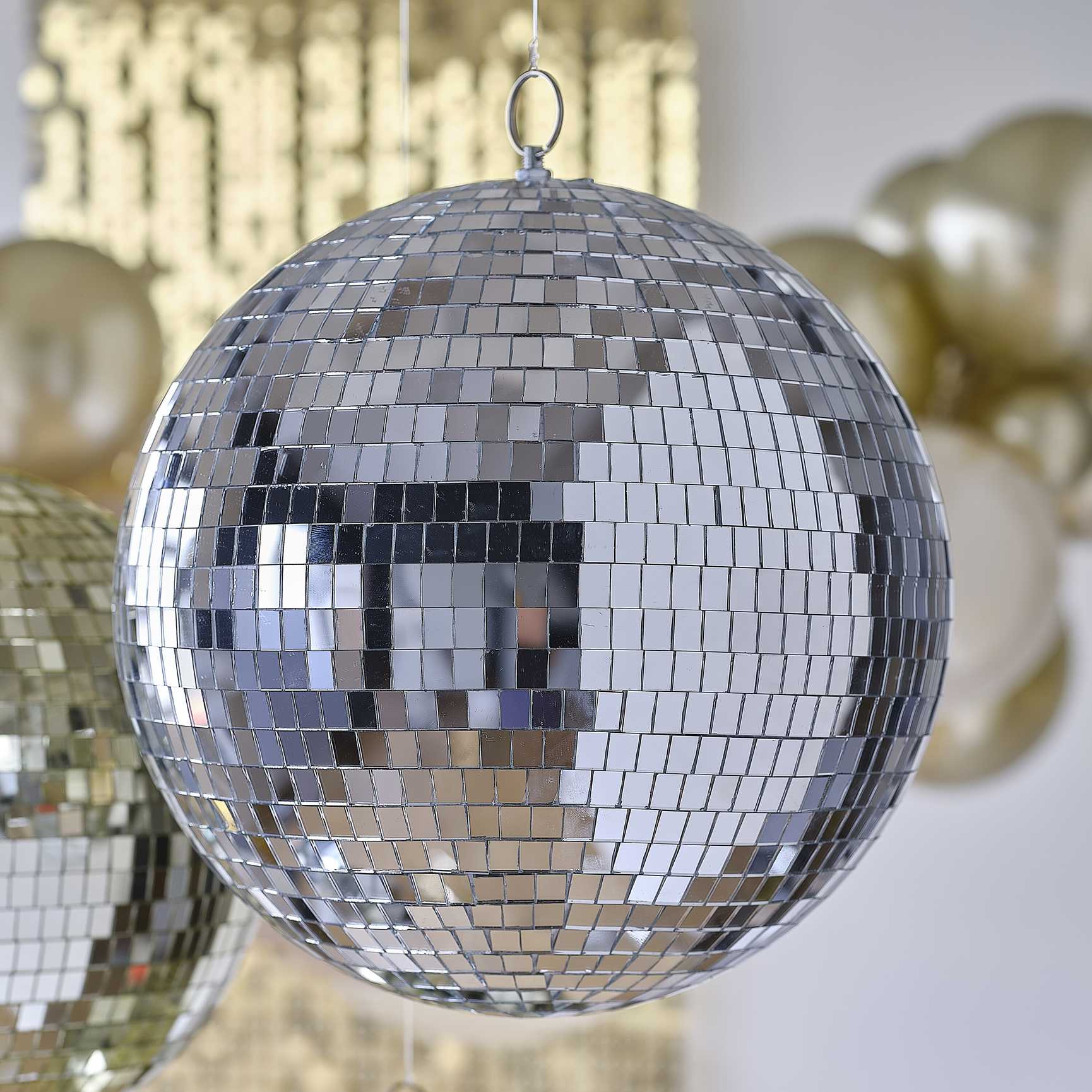 large silver disco ball hanging decoration for parties
