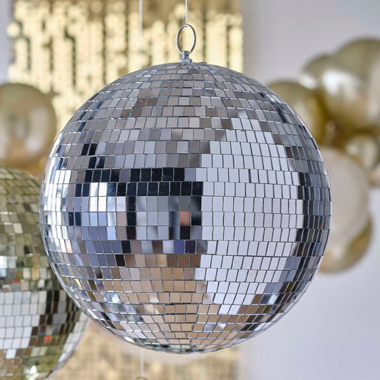 large silver disco ball hanging decoration for parties